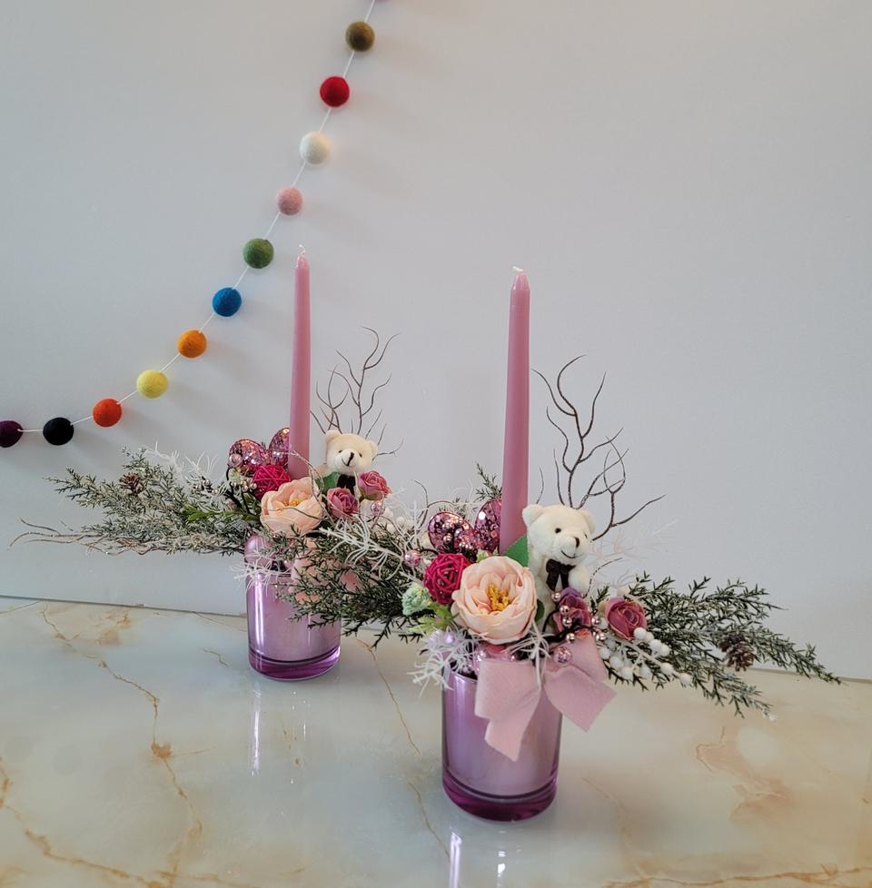 (새상품)고급 크리스마스센터피스 핑크화분과 양초세트