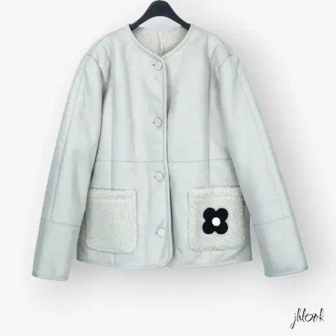 브이넥 노카라 양모 퍼무스탕 플라워