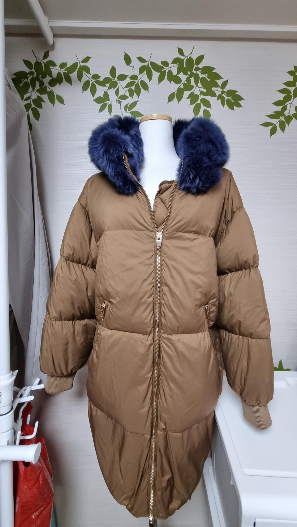 카멜 네이비 퍼 후드 오리털 패딩 66