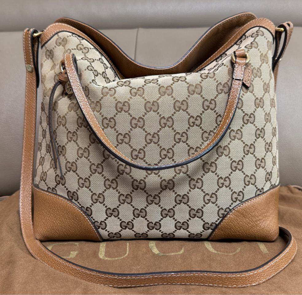 구찌 GG 자카드 레더트리밍 투웨이 토트 숄더백 브라운