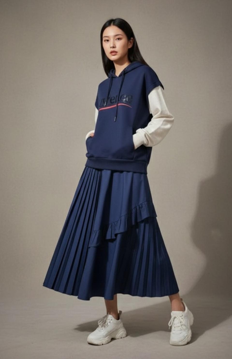 쥬시쥬디 레이어드 후드 져지 플리츠 원피스 66사이즈