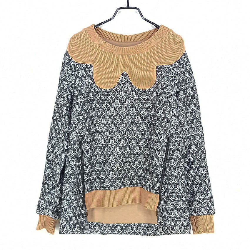 오즈세컨 여성 배색 패턴 모혼방 니트티 믹스블랙44 (HU42023)