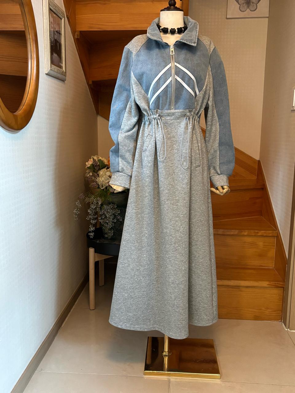 배색 데님 믹스 롱 원피스