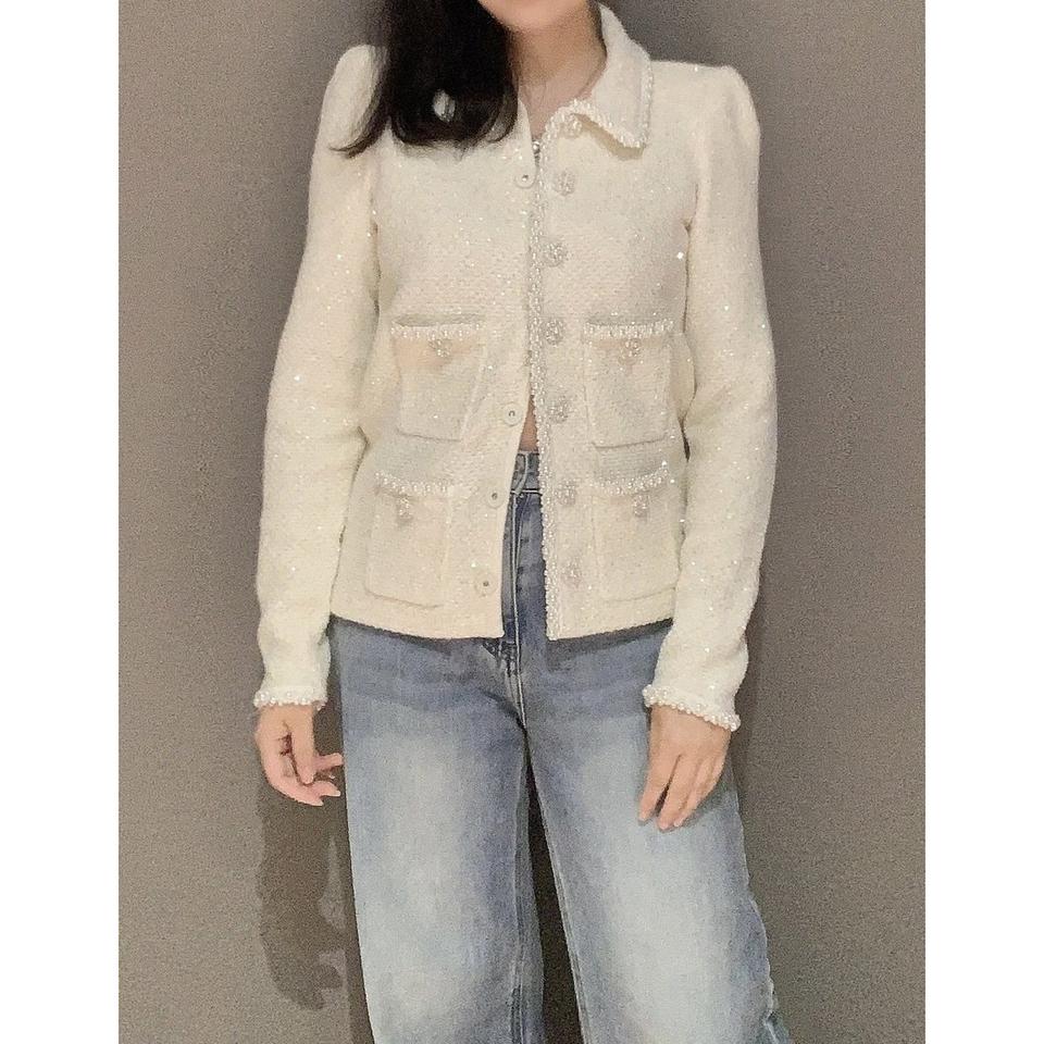 셀프 포트레이트 펄 버튼 시퀸 트위드 니트 자켓