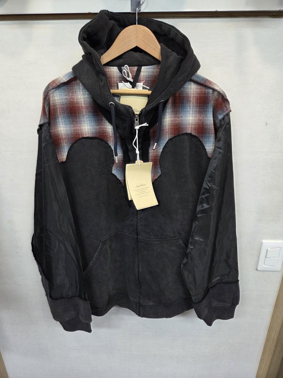 빈티지 피그먼트 체크 폴리 믹스 후드집업 오버핏 xxl