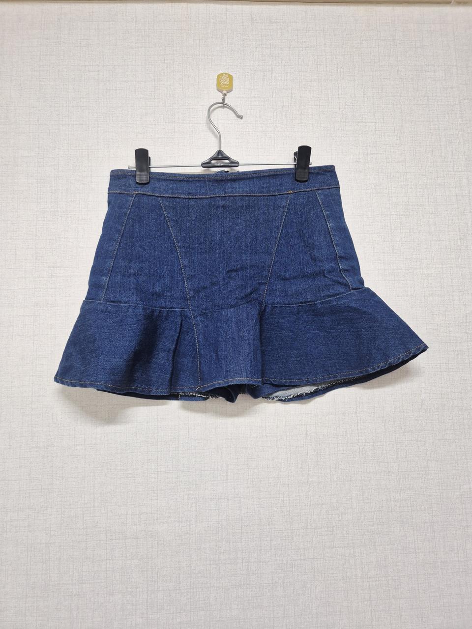 청 데님 프릴 미니스커트