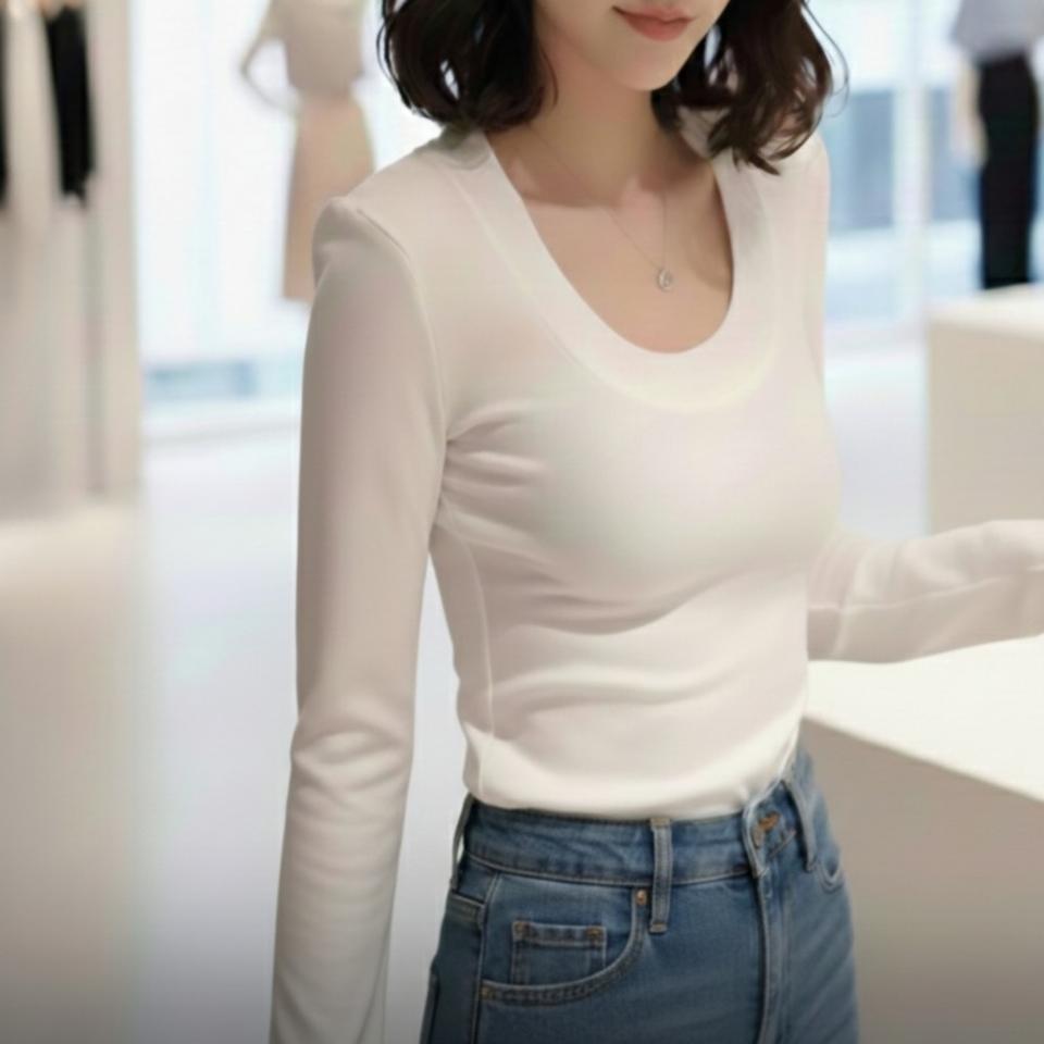 [어깨보정] 숄더패드 U넥 세미 크롭 티셔츠