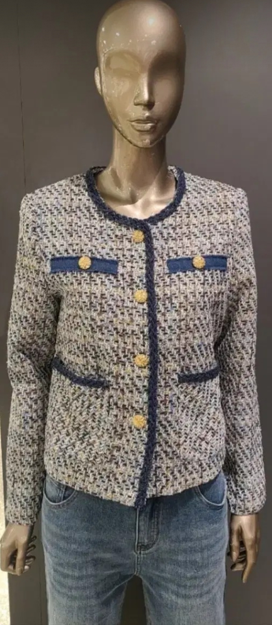 제시뉴욕 펄 글리터 데님 트리밍 트위드 자켓 free사이즈 새제품블루컬