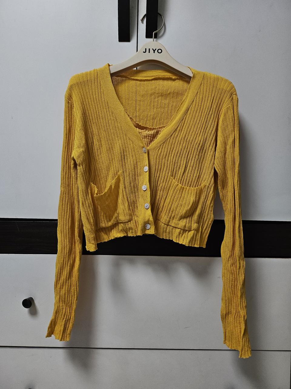 오렌지 골지 니트 나시 가디건 세트