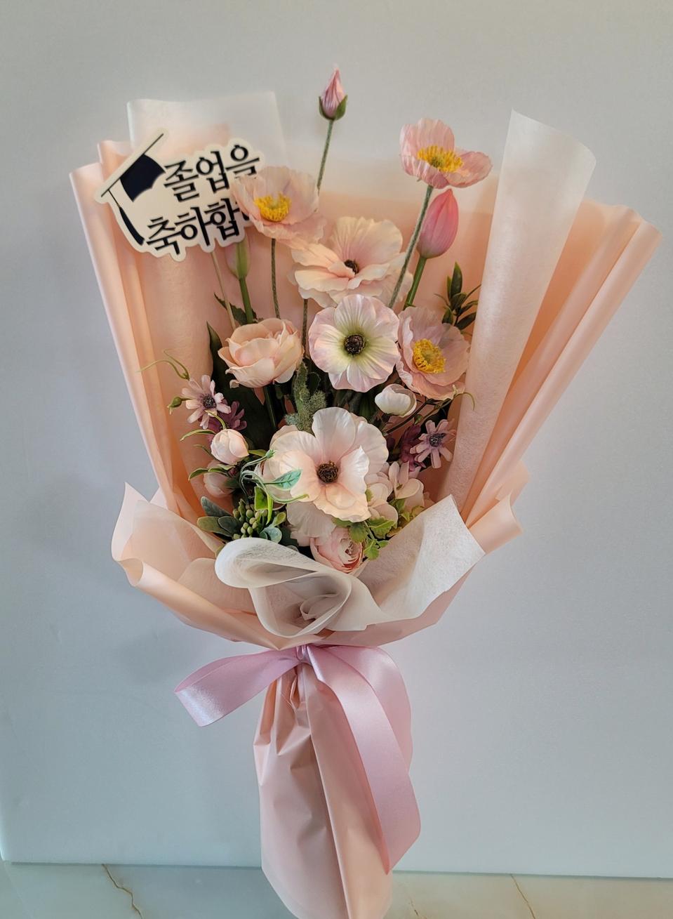 (새상품)고급 핑크 졸업식 조화 꽃다발/인테리어소품
