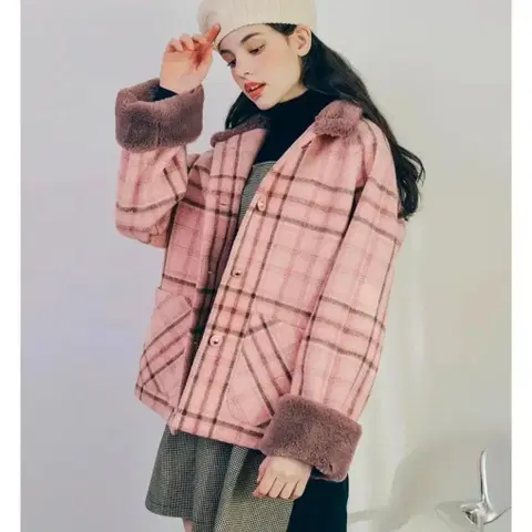 제로스트릿 에코퍼 포인트 체크 숏코트 핑크 S사이즈