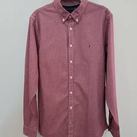 타미힐피거 버건디 깅엄체크 셔츠 남성용 슬림핏 L사이즈
