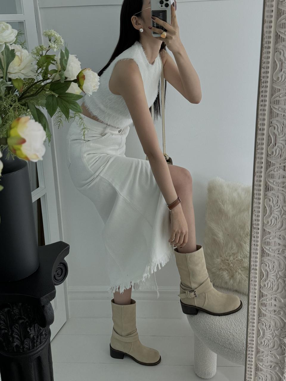 #1115 둥근토 5cm 앤틱벨크로 소가죽 미들부츠 225 베이지