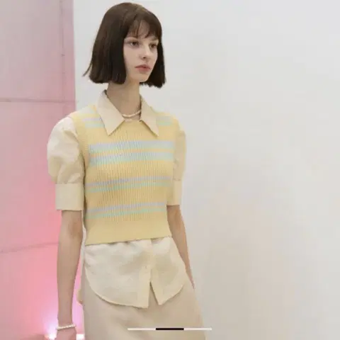 그로브스토어 배색 골지 니트 베스트 조끼 F