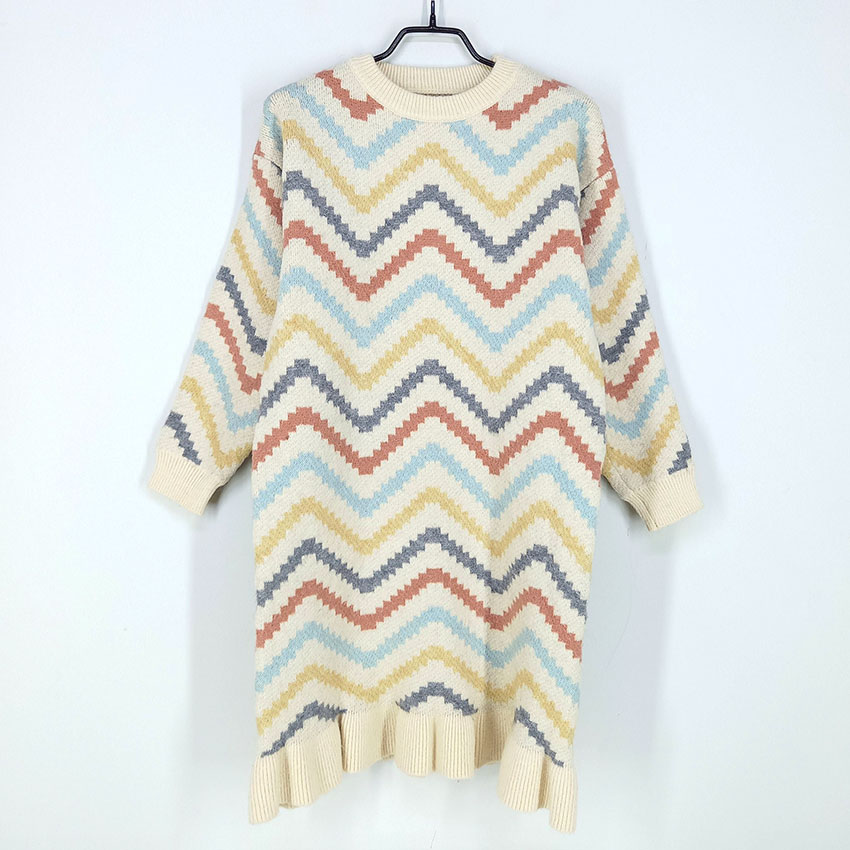 빈티지 여 지그재그배색 니트 미니원피스 베이지 (HU27301)