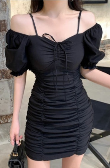 ♥ 오프숄더 셔링  프릴 미니원피스