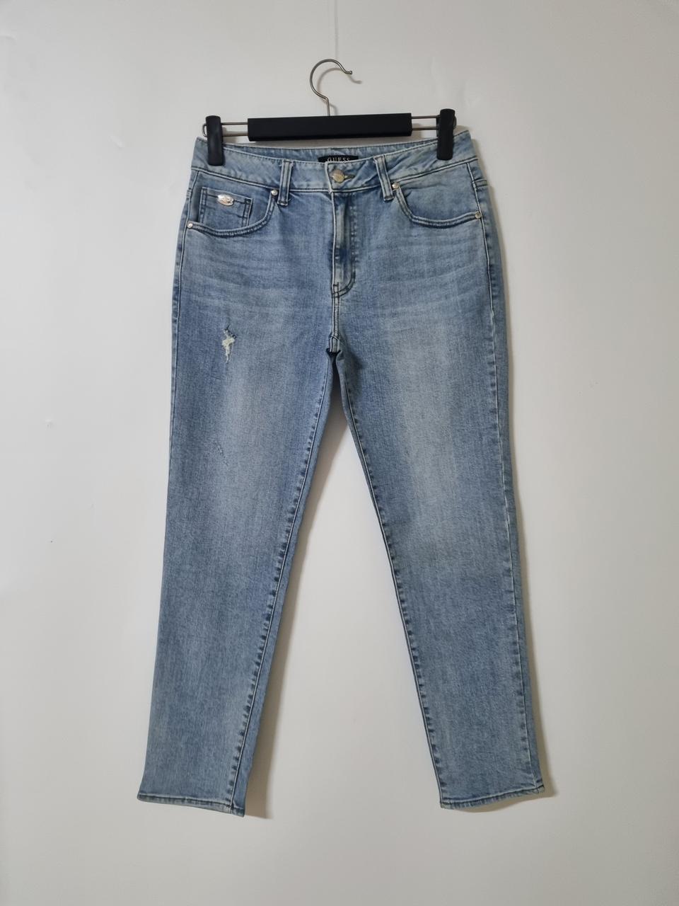 31)게스 로스앤젤레스 연청 가죽패치 워싱 스판 일자청바지