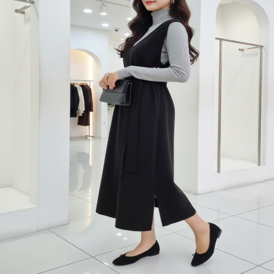 옆트임 레이어드 브이넥 니트 롱 원피스 벨트세트ㅡ무배