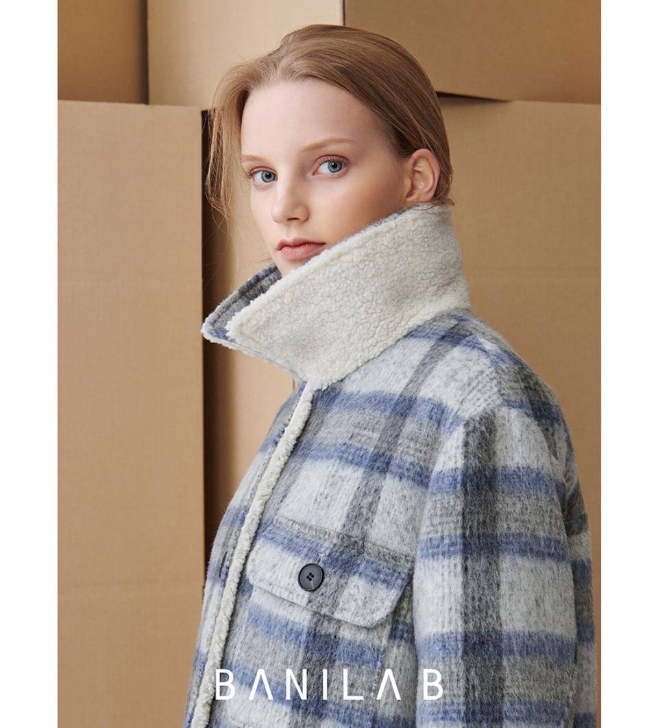 바닐라비 체크 보아퍼 누빔 코트 블루그레이