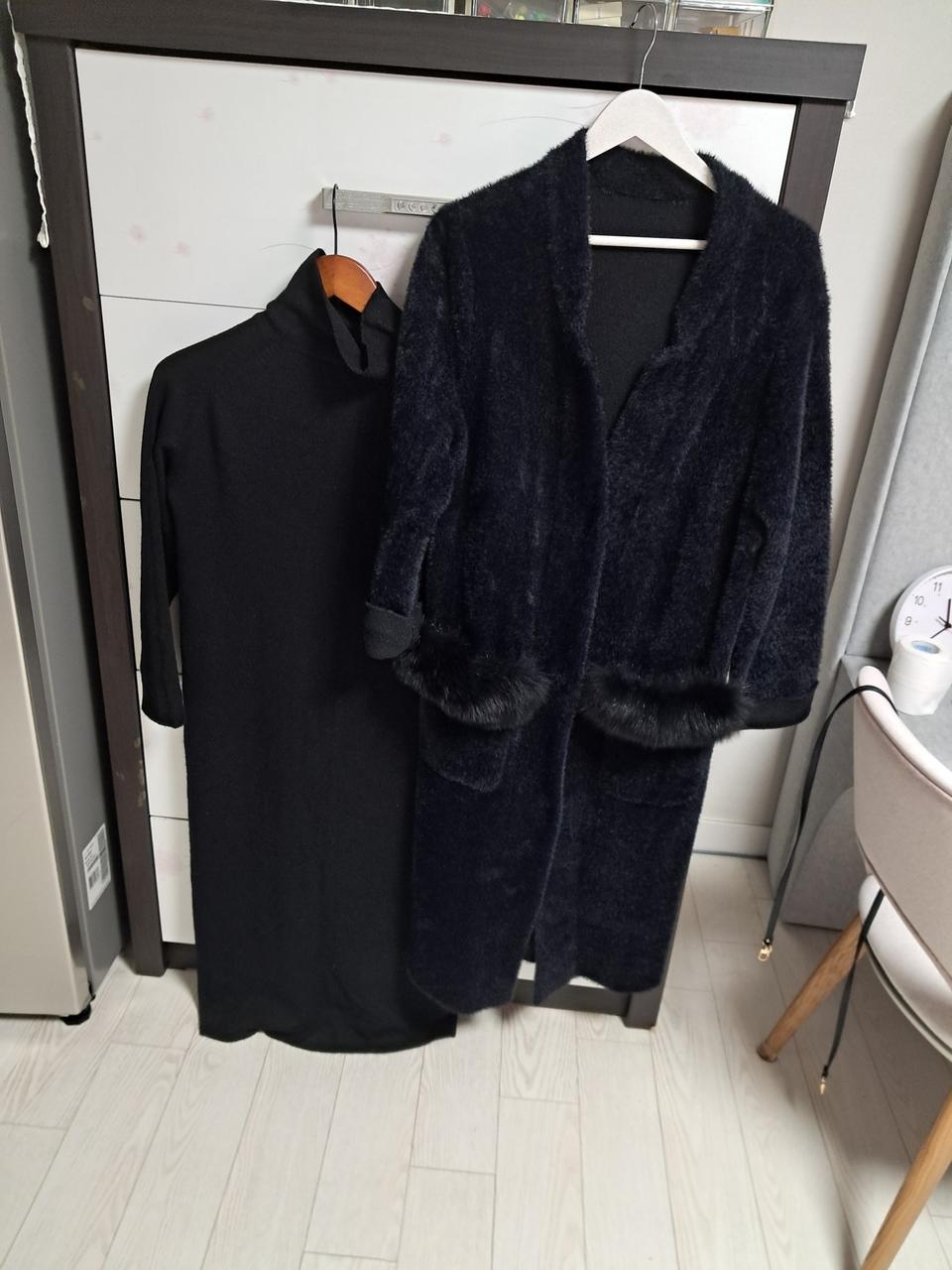 블랙니트롱원피스. 부클밍크코트