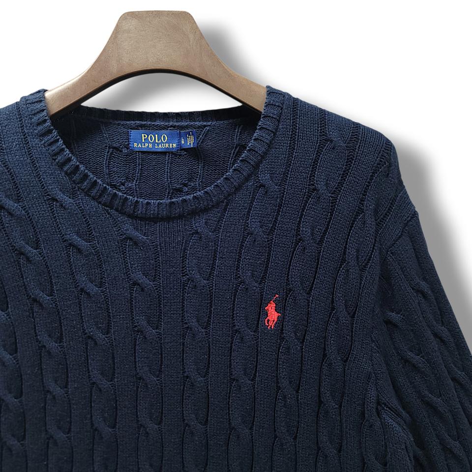 [L] 폴로 네이비 코튼 케이블 스웨터 니트