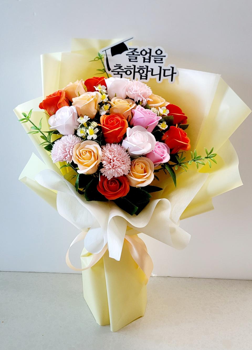 (새상품)고급 졸업식 오렌지톤 비누꽃꽃다발/인테리어소품/조화
