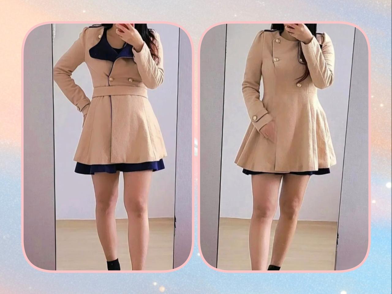 배색카라 허리묶음 플레어 코트