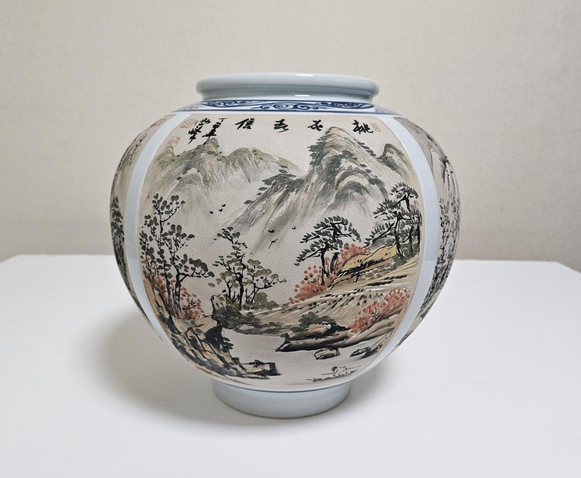 설봉 박찬종 작품 / 사계 산수문 / 무광 도자기 항아리