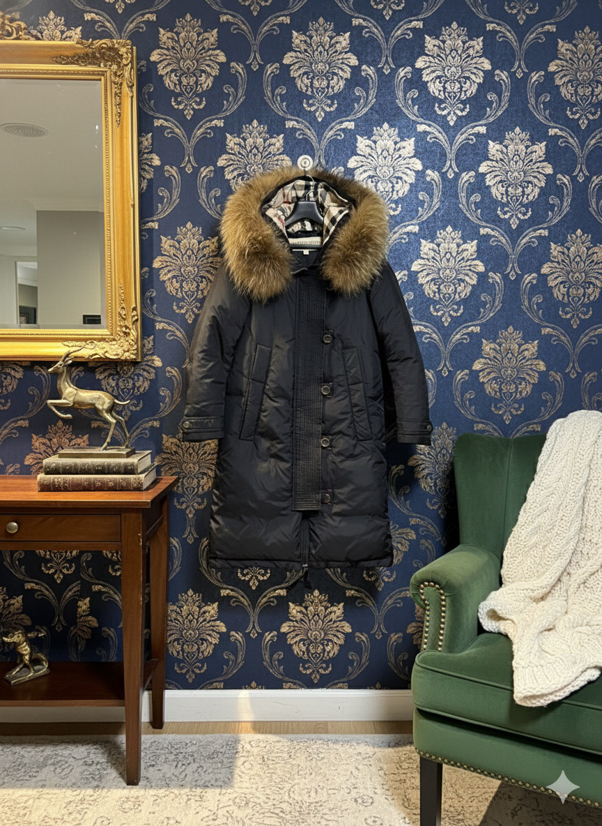 버버리 런던 잉글랜드 롱패딩 M 블랙 폭스퍼 (55~66사이즈)