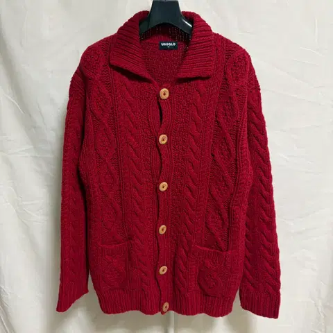 유니클로 울 케이블 카라 가디건 / 레드, M