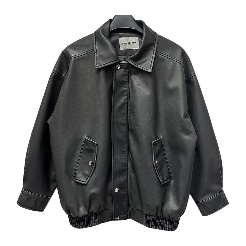 레이디 볼륨 투웨이 오버핏 차콜 레더 자켓 FREE