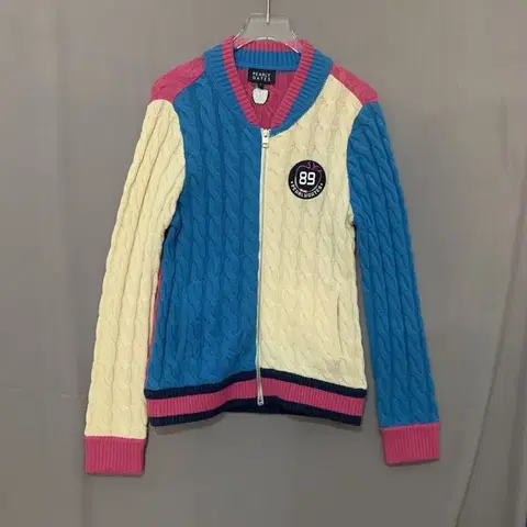 1 파리게이츠 골프 여성 컬러블록 꽈배기 케이블 니트 집업 가디건