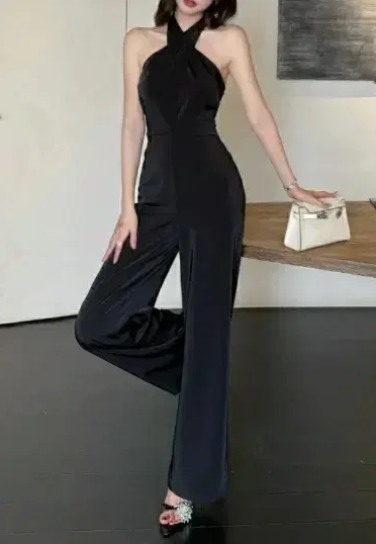 요청) 홀터넥 민소매 와이드 점프 수트 S/Black