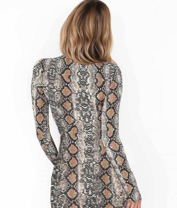 뱀피 무늬 스네이크 패턴 슬리브 롱 원피스 섹시 드레스 파티 코튼 홀복