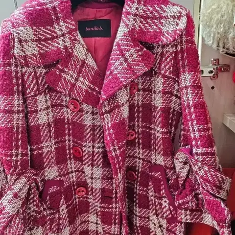 바닐라비 핑크 체크 트위드 코트