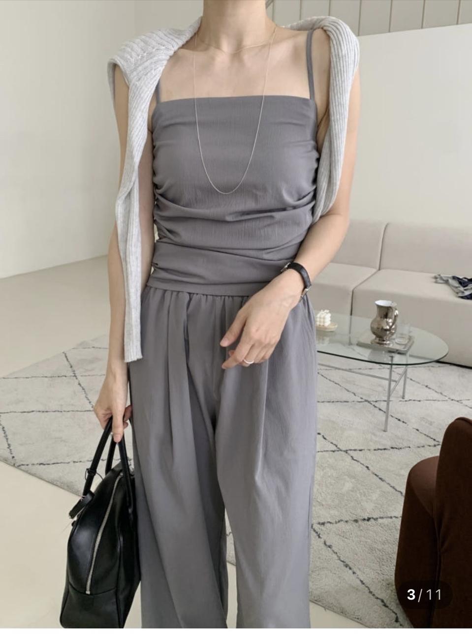 뷔스티에 민소매 나시 블라우스 밴딩 팬츠 세트 셋업 바스락소재