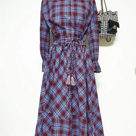 O'2nd 존예보장 체크 롱원피스 66 블루와인