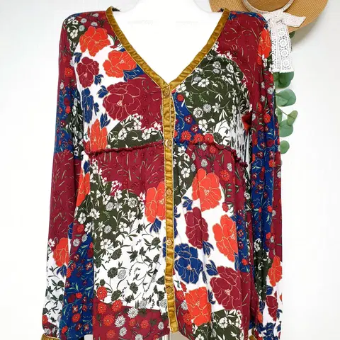 ZARA 보헤미안 벨벳배색 66 플로럴 블라우스 와인