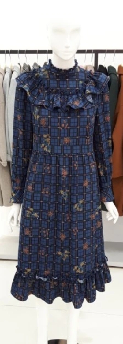 티렌 플라워패턴 체크 셔링장식 원피스 55사이즈 새제품딥블루컬러