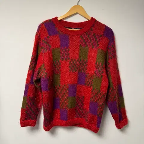 일본빈티지 JPN 체크 패턴 모헤어 아가일 울 니트 F