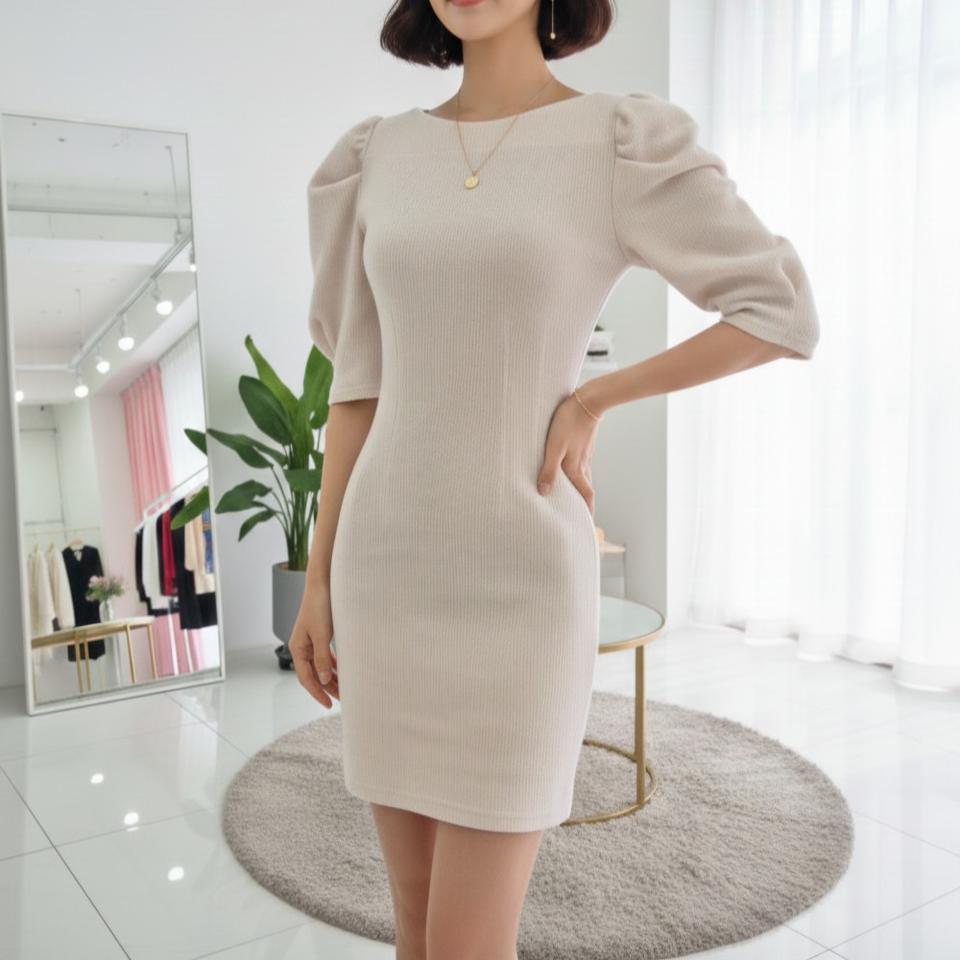 보트넥 퍼프 소매 슬림 니트 미니 원피스(2color)