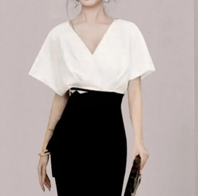 화이트 블랙 배색 브이넥 정장 원피스 드레스 홀복 하객룩 데이트룩 드라이