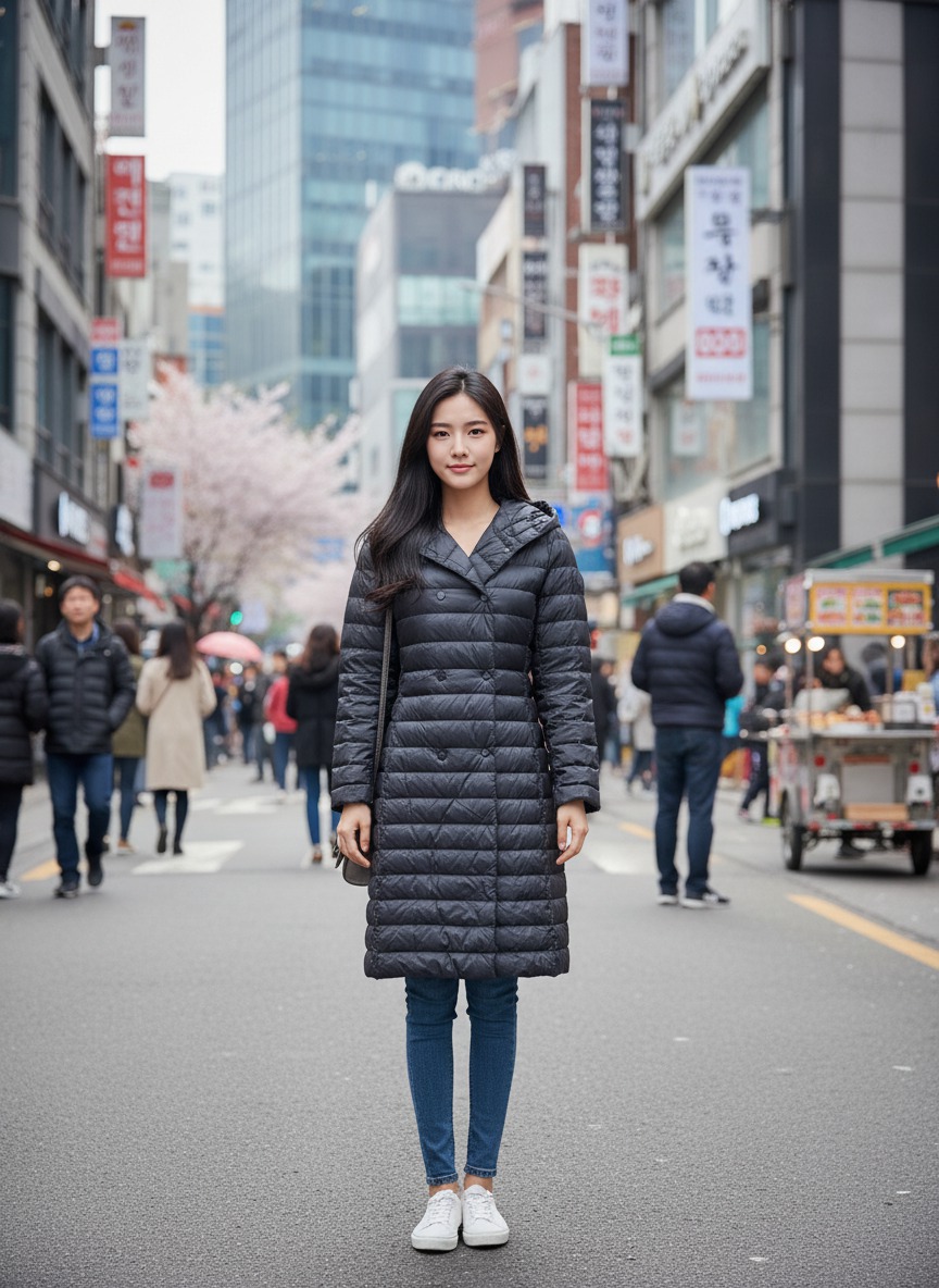 봄 가을 초겨울 환절기 가벼운 경량패딩 덕다운 롱패딩 검정색