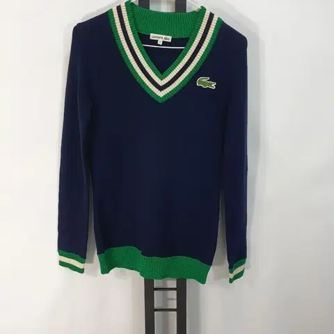 라코스테 니트 브이넥 울 스웨터 그린 네이비 삼선 배색 36