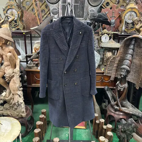 라르디니(Lardini) 남성 체크 무늬 모 혼방 롱코트