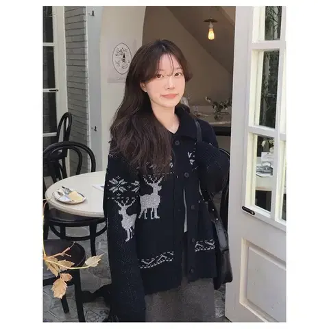 슬앤 울 노르딕 사슴 눈꽃 자카드 박시핏 도톰 네이비 니트 가디건