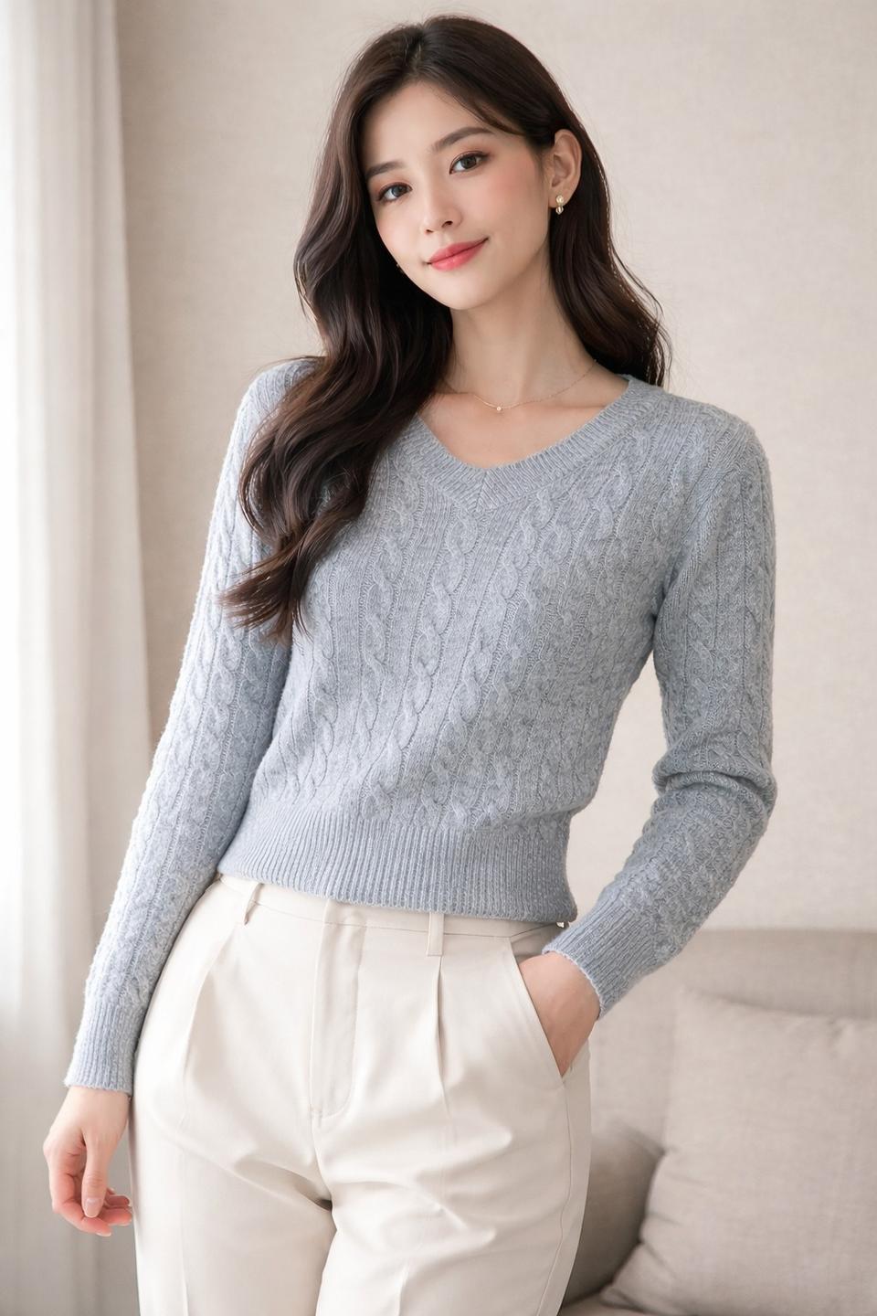 홍대 편집샵 케이블 브이넥 그레이 얇은 니트 S 44