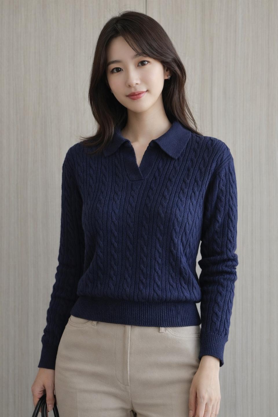 네이비 얇은 케이블 꽈배카라 숏기장 오픈카라 니트 (S 44사이즈)
