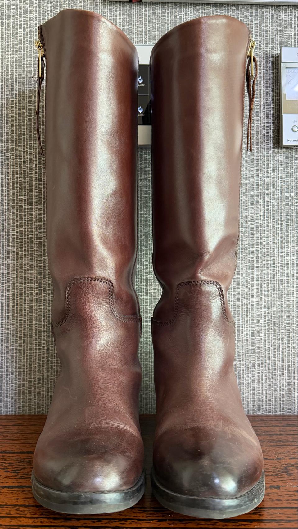 레노마 renoma 브라운 기모 안감 사이드 지퍼 리얼 레더 가죽 롱부츠