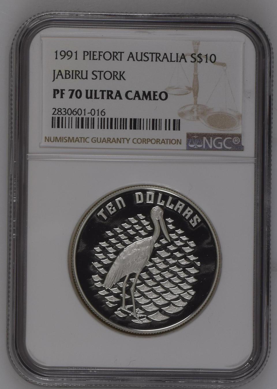 호주 1991년 자비츠 학 10달러 피에뽀르 은화 NGC PF 70 UC